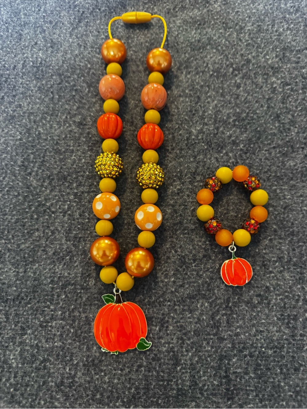Kids Orange Pumpkin Bead Necklace & Bracelet Set